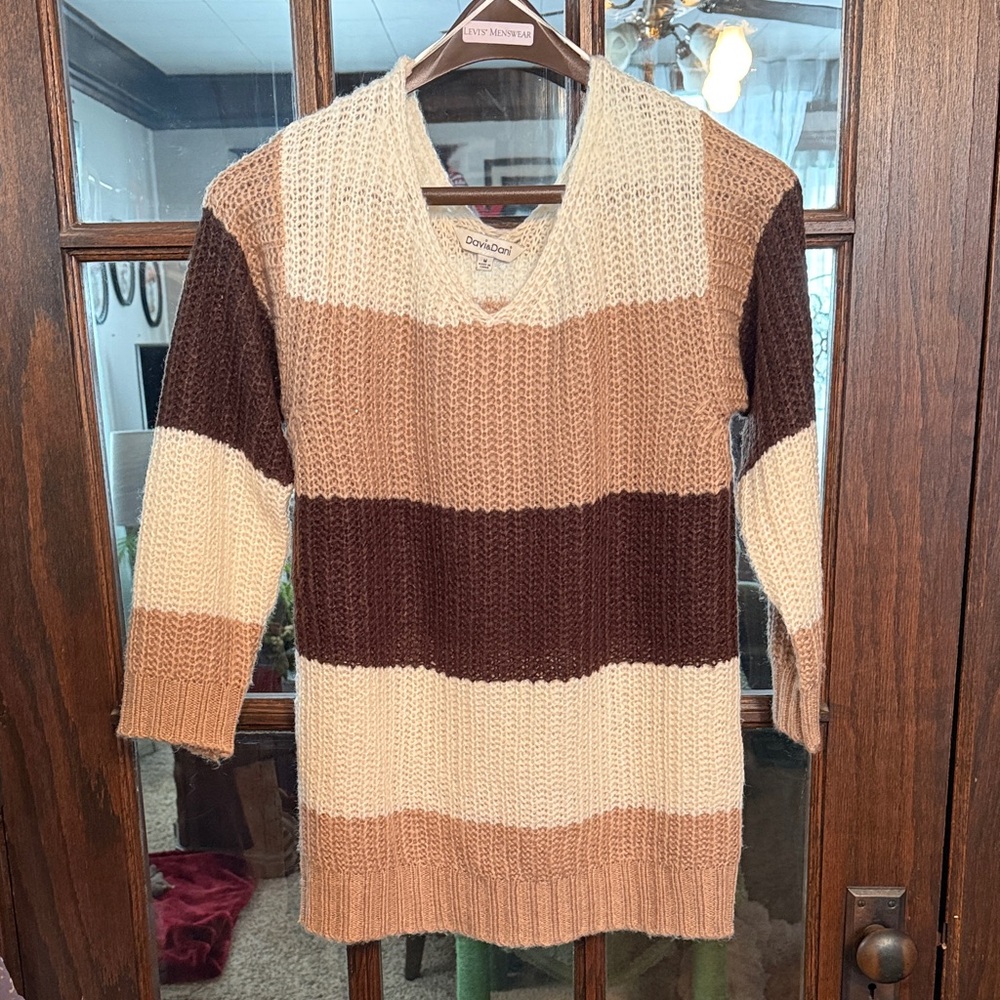 Davi & Dani Womens Striped V-Neck Oversized Knit Tunic Sweater Brown Tan Medium